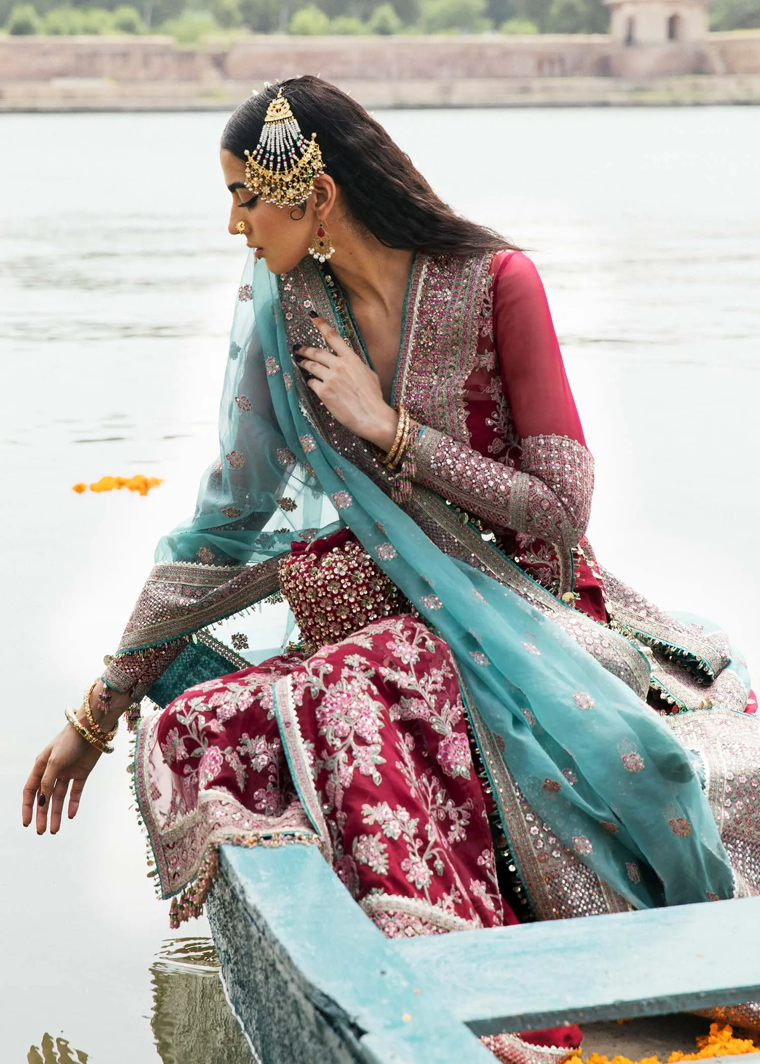 Maroon Pakistani Wedding Dress in Kameez Trouser Style