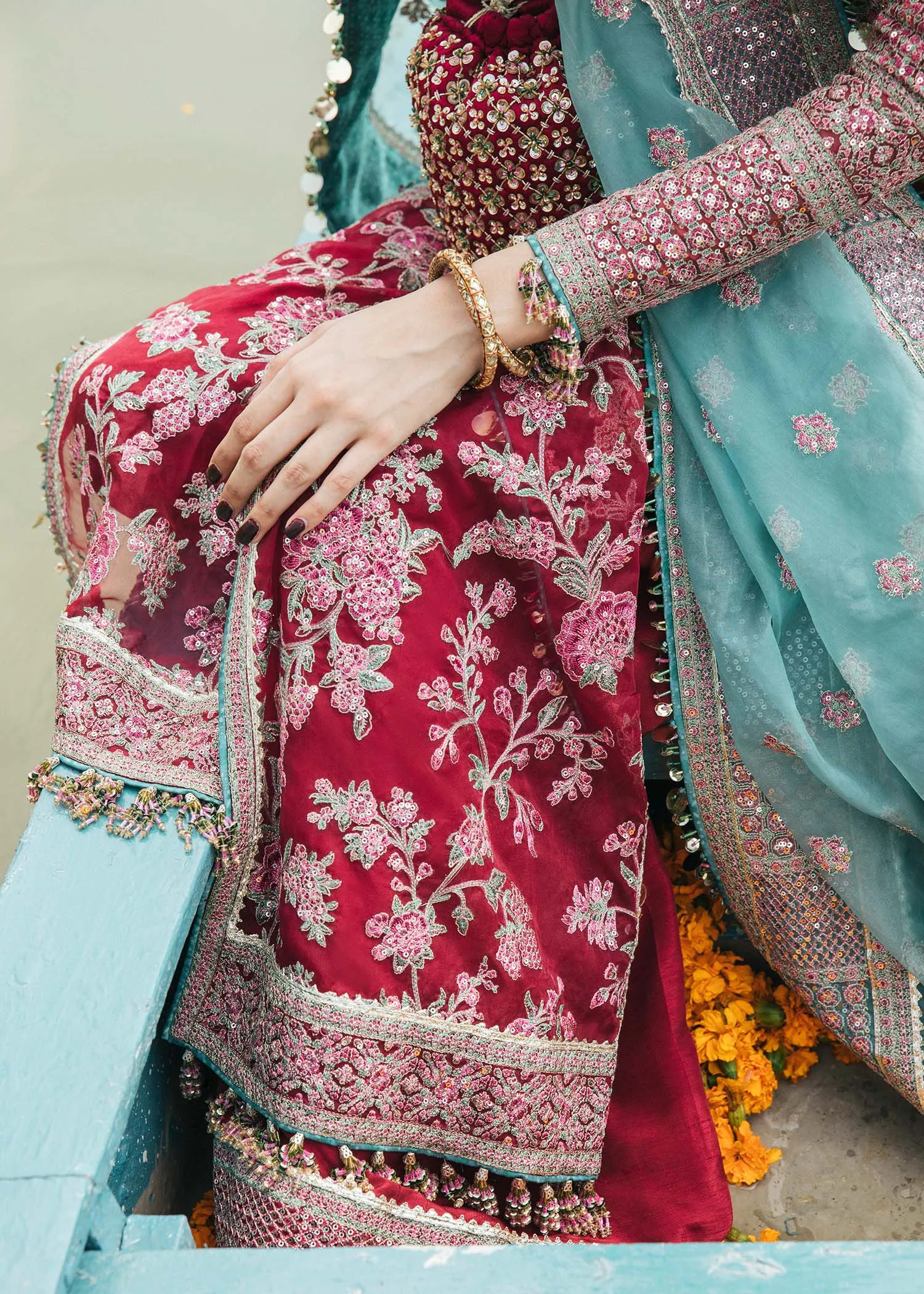 Maroon Pakistani Wedding Dress in Kameez Trouser Style