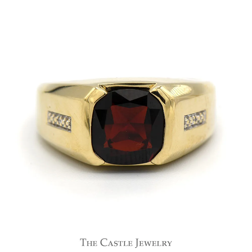 Men's Cushion Cut Garnet Ring with Illusion Set Diamond Accents in 10k Yellow Gold