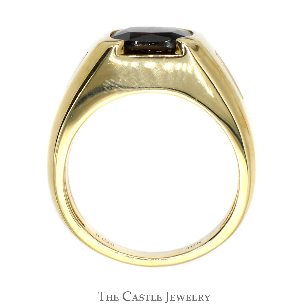 Men's Cushion Cut Garnet Ring with Illusion Set Diamond Accents in 10k Yellow Gold
