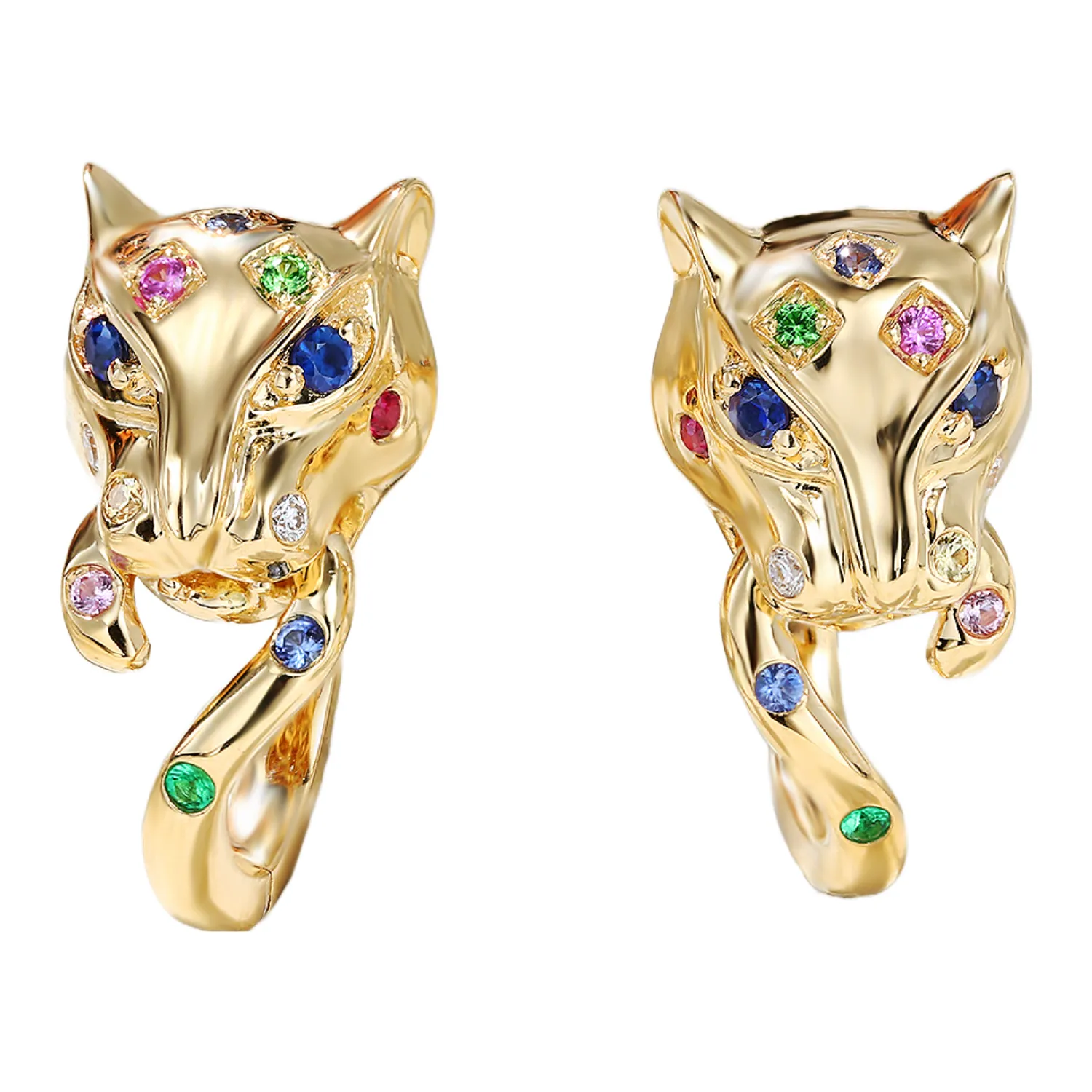Multi-Gems and Diamond Panther Huggie Hoop Earrings