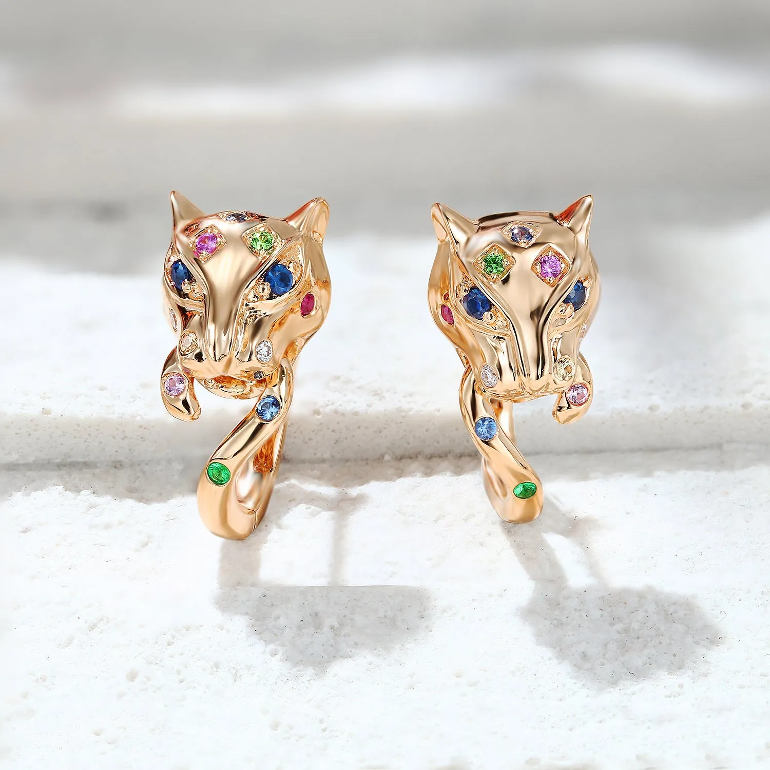 Multi-Gems and Diamond Panther Huggie Hoop Earrings