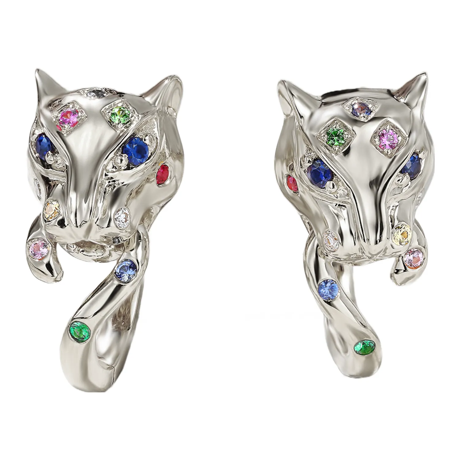 Multi-Gems and Diamond Panther Huggie Hoop Earrings