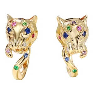 Multi-Gems and Diamond Panther Huggie Hoop Earrings