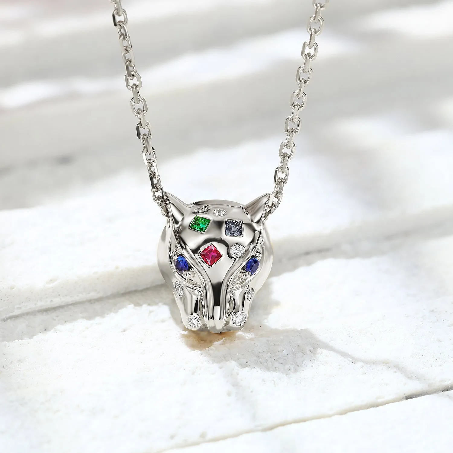 Multi-Gems and Diamond Panther Pendant Necklace