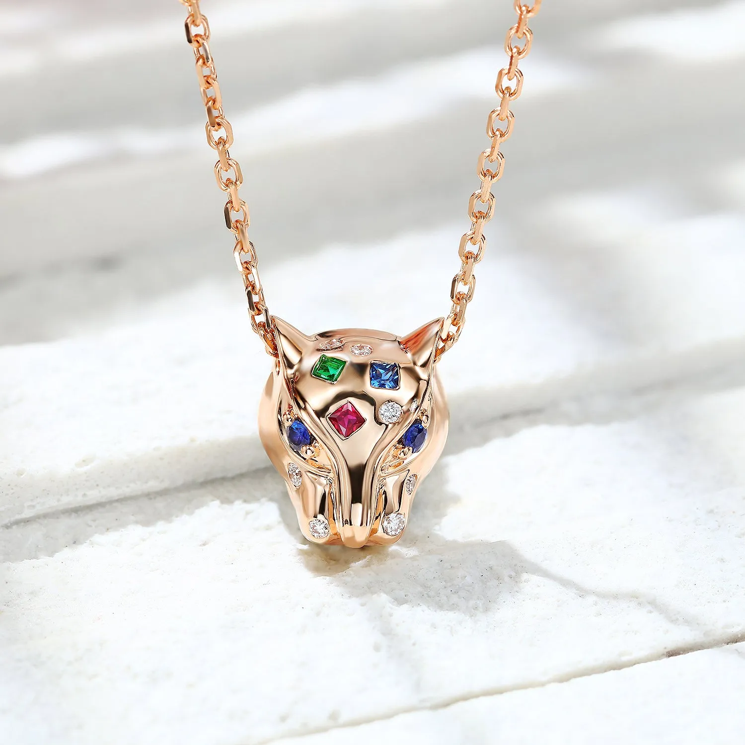 Multi-Gems and Diamond Panther Pendant Necklace