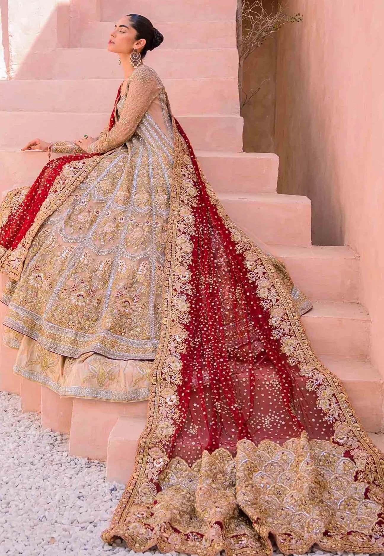 Pakistani Bridal Dress in Golden Lehenga Gown Style