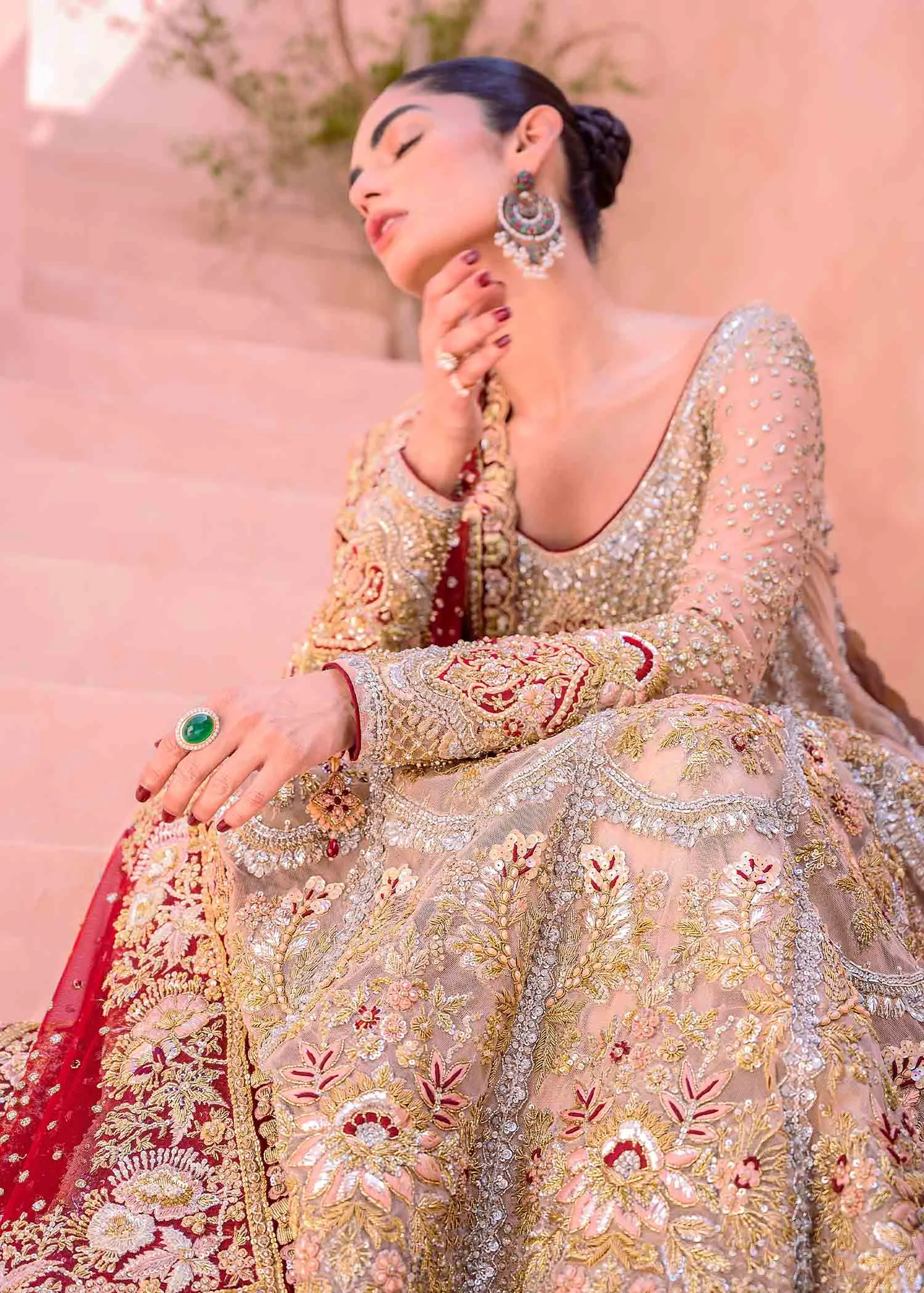 Pakistani Bridal Dress in Golden Lehenga Gown Style