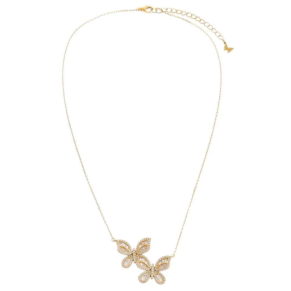Pave X Baguette Double Butterfly Necklace