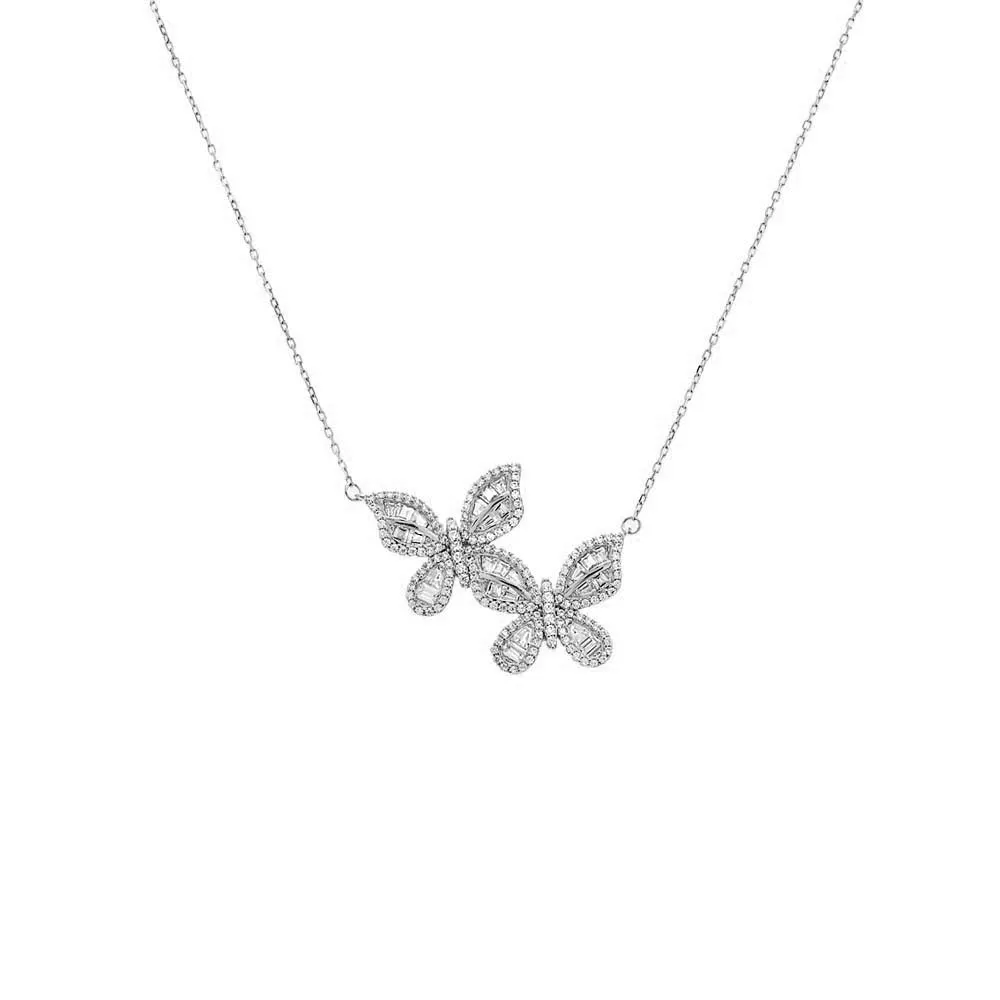 Pave X Baguette Double Butterfly Necklace