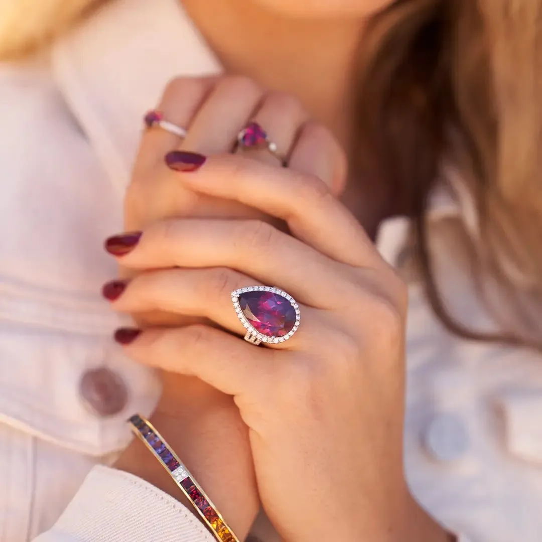 Pear Rhodolite Garnet and Diamond Halo Ring