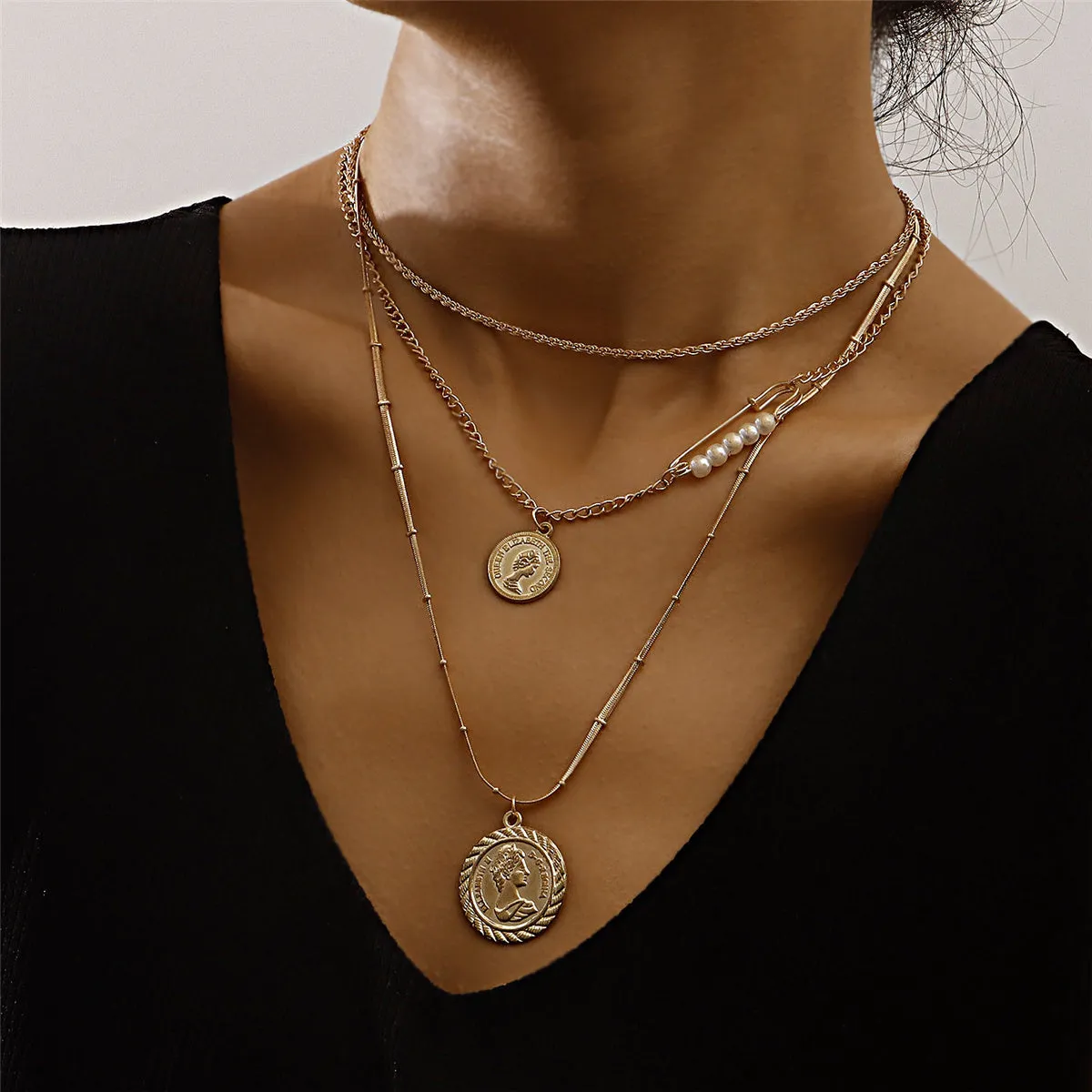 Pearl & 18K Gold-Plated Coin Pendant Layered Necklace