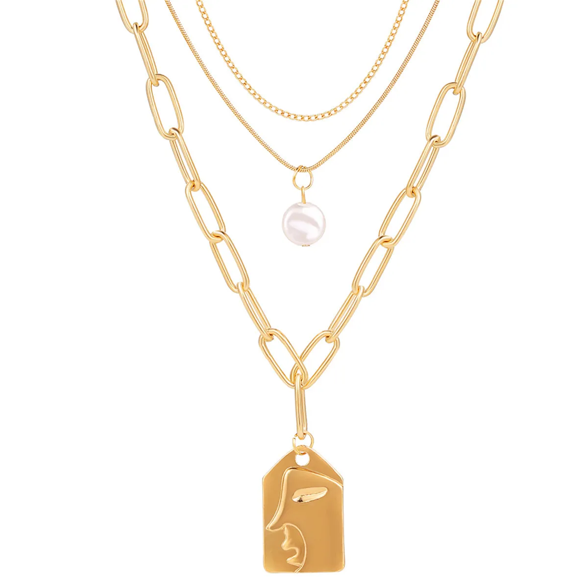 Pearl & 18K Gold-Plated Embossed Face Pendant Necklace