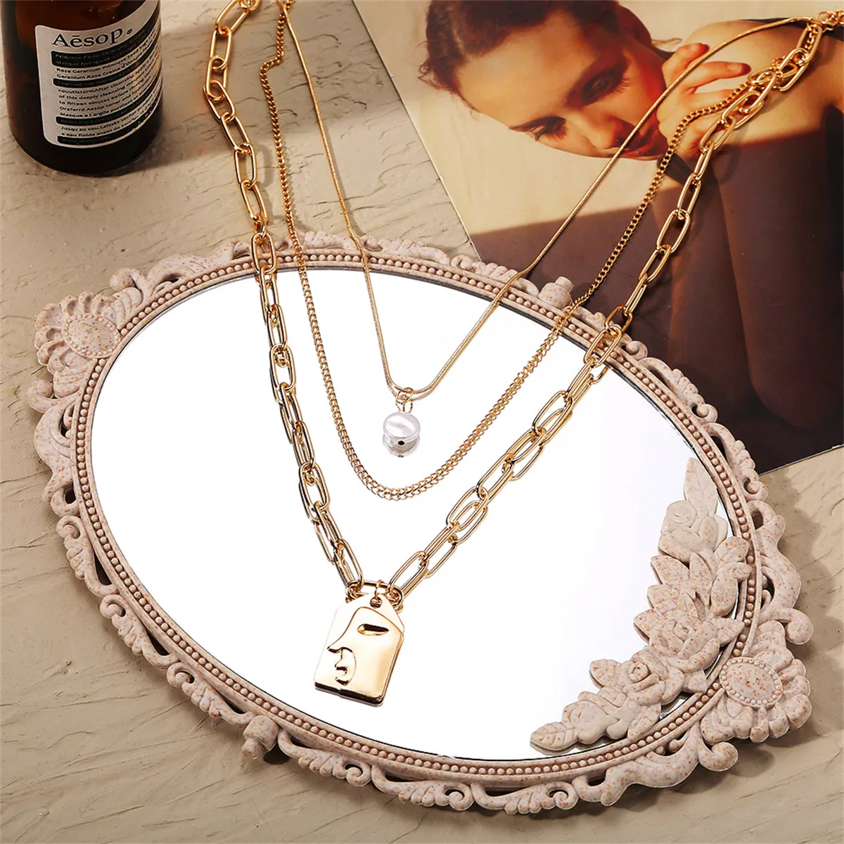 Pearl & 18K Gold-Plated Embossed Face Pendant Necklace