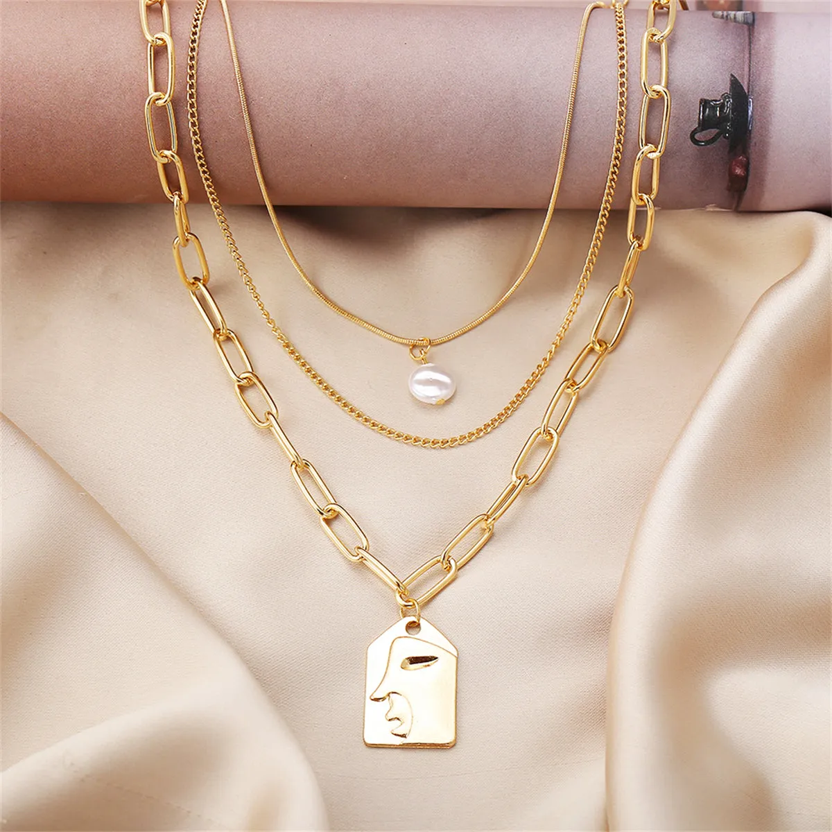 Pearl & 18K Gold-Plated Embossed Face Pendant Necklace