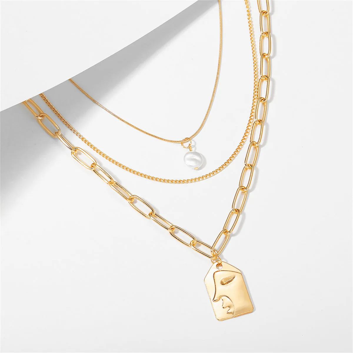 Pearl & 18K Gold-Plated Embossed Face Pendant Necklace