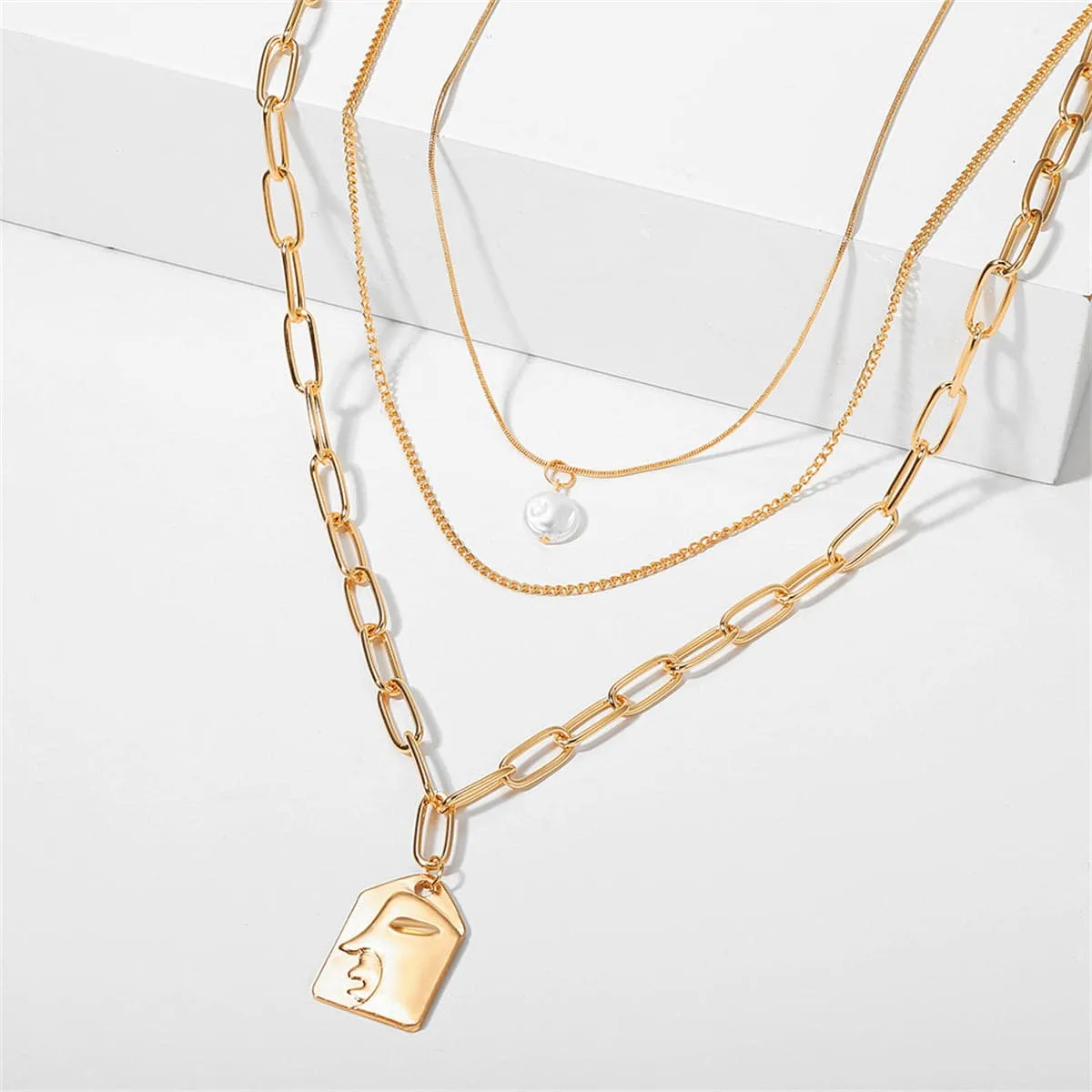 Pearl & 18K Gold-Plated Embossed Face Pendant Necklace