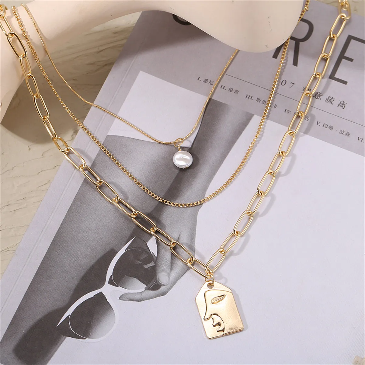 Pearl & 18K Gold-Plated Embossed Face Pendant Necklace