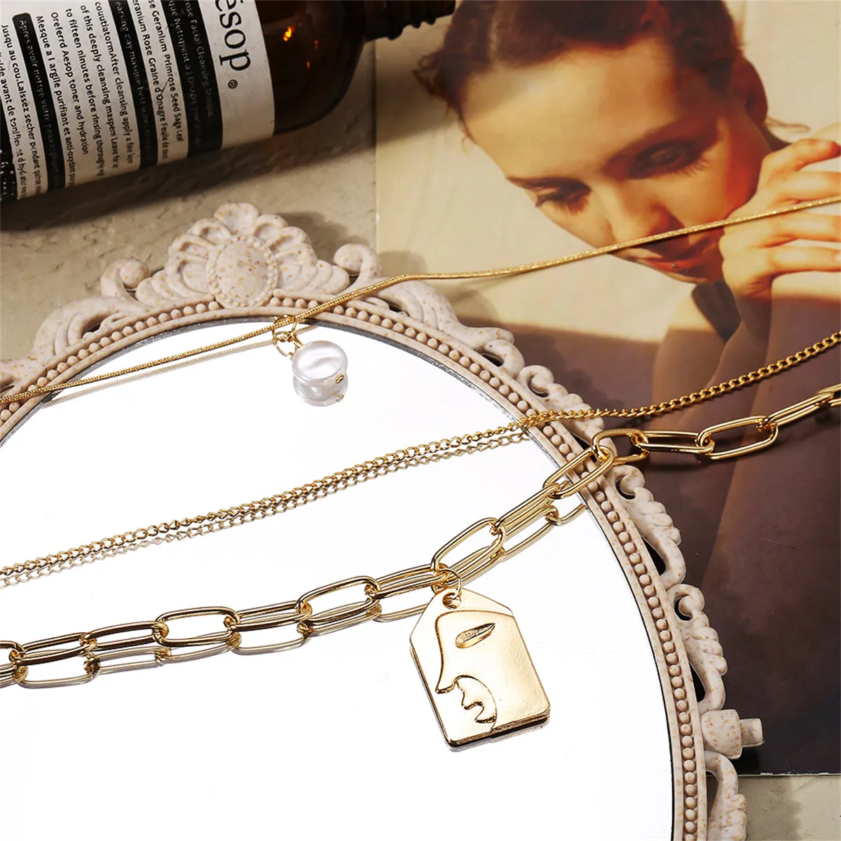 Pearl & 18K Gold-Plated Embossed Face Pendant Necklace