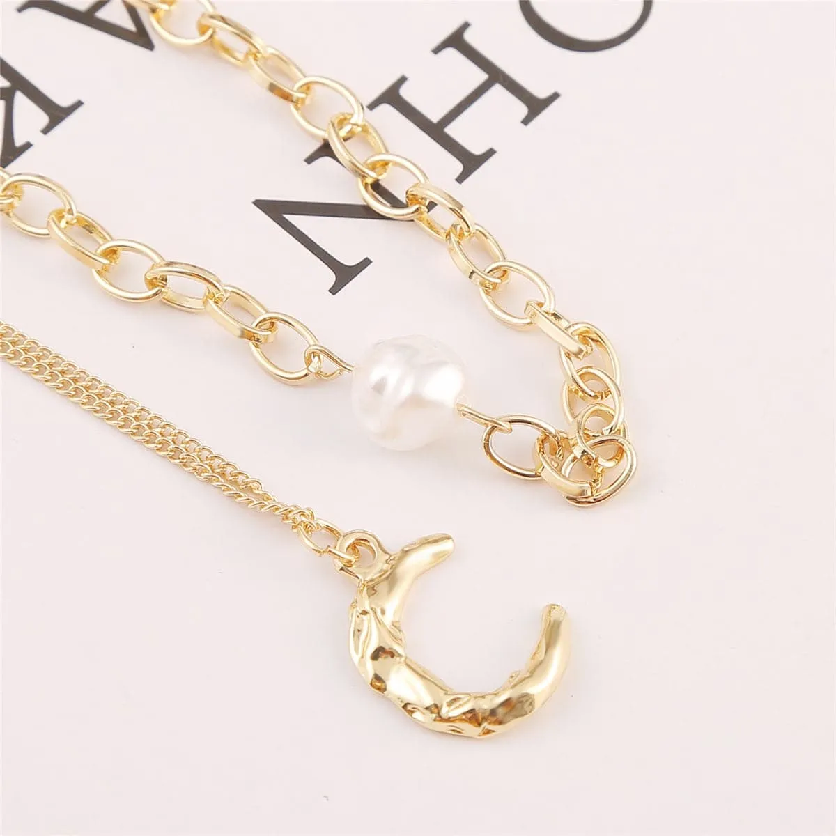 Pearl & 18K Gold-Plated Moon Pendant Necklace Set