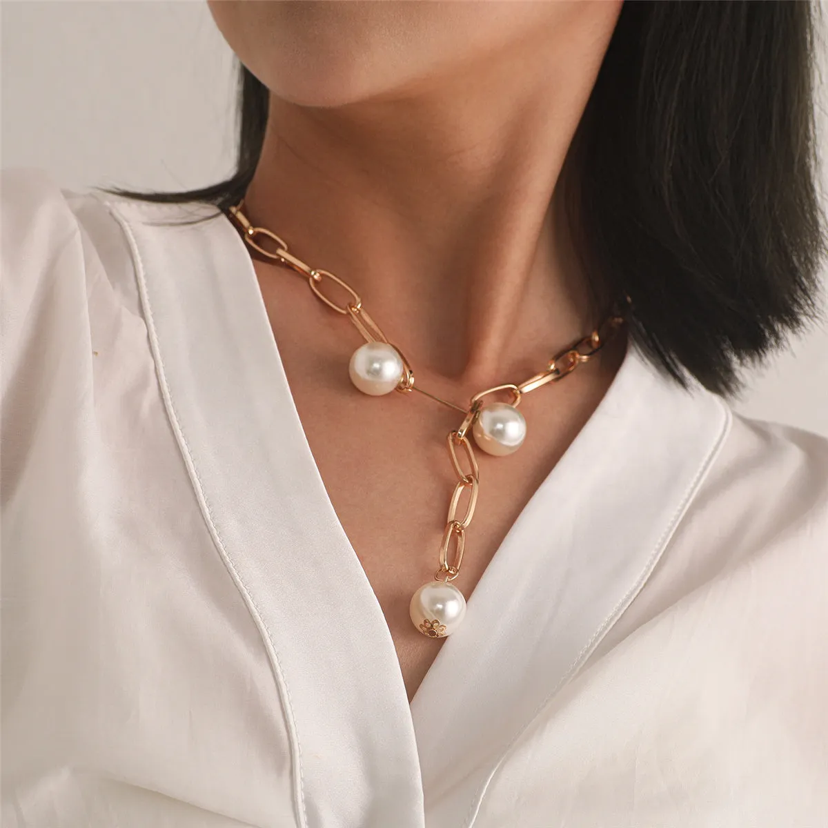Pearl & 18K Gold-Plated Paper Clip Chain Lariat Necklace