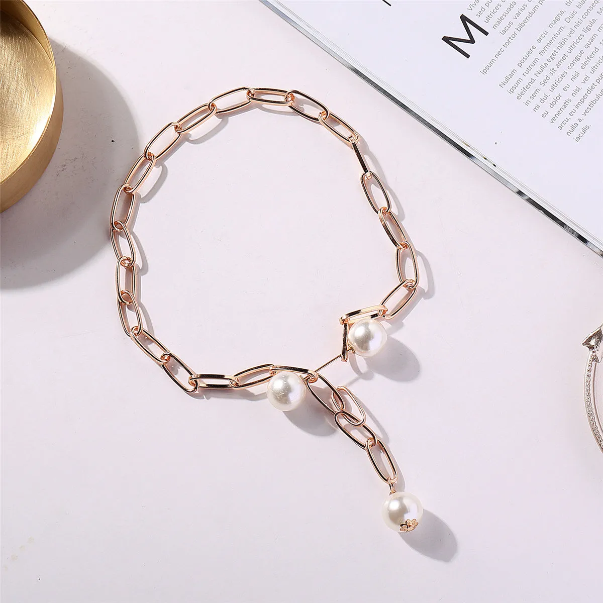 Pearl & 18K Gold-Plated Paper Clip Chain Lariat Necklace