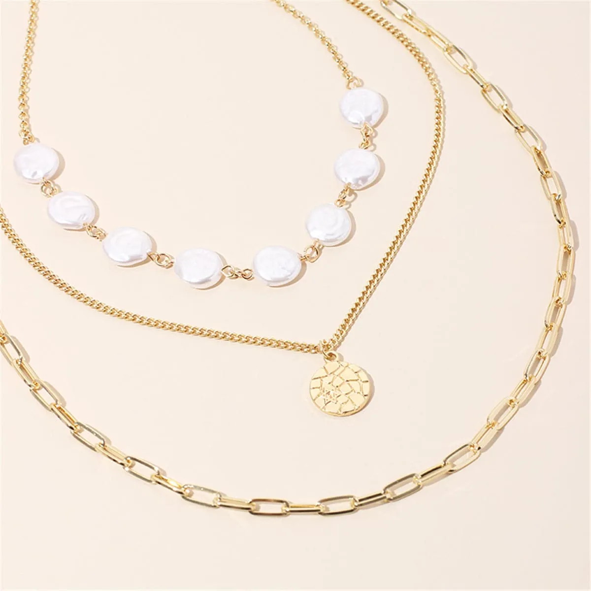 Pearl & 18K Gold-Plated Sequin Triple-Layer Necklace Set