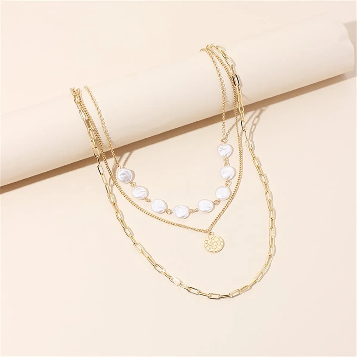 Pearl & 18K Gold-Plated Sequin Triple-Layer Necklace Set