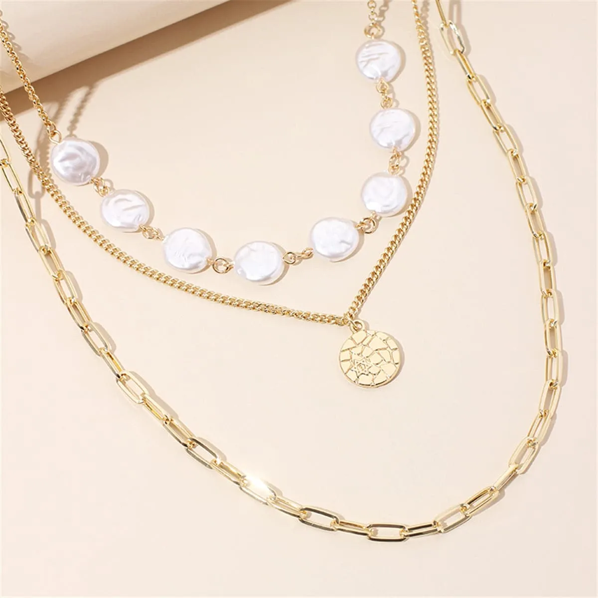 Pearl & 18K Gold-Plated Sequin Triple-Layer Necklace Set
