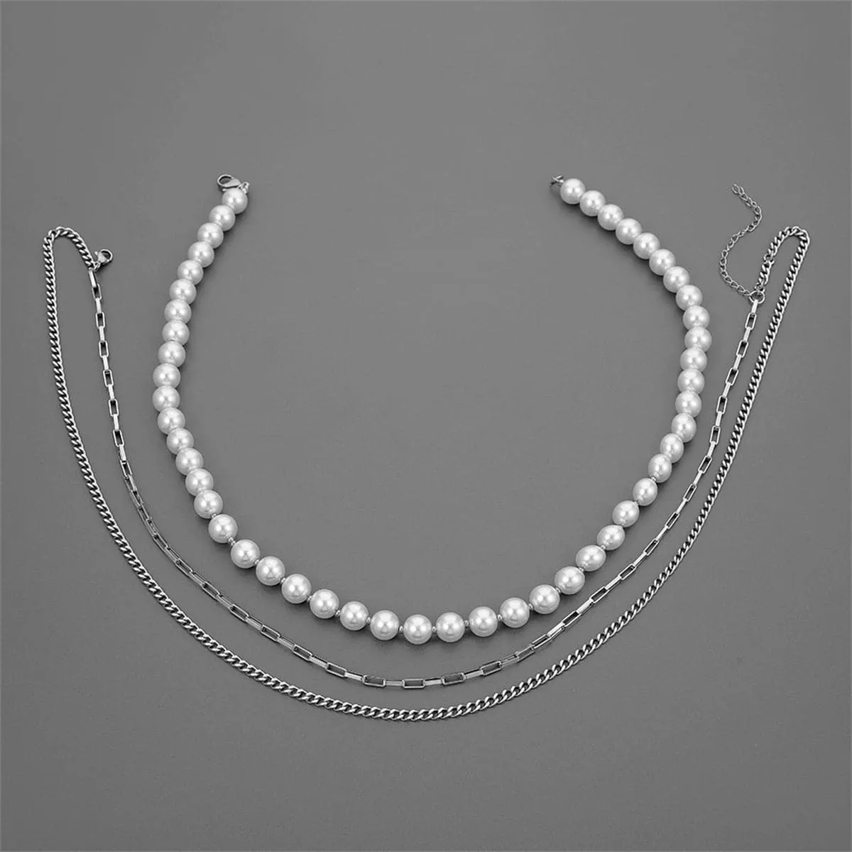 Pearl & Silver-Plated Chain Layered Necklace Set