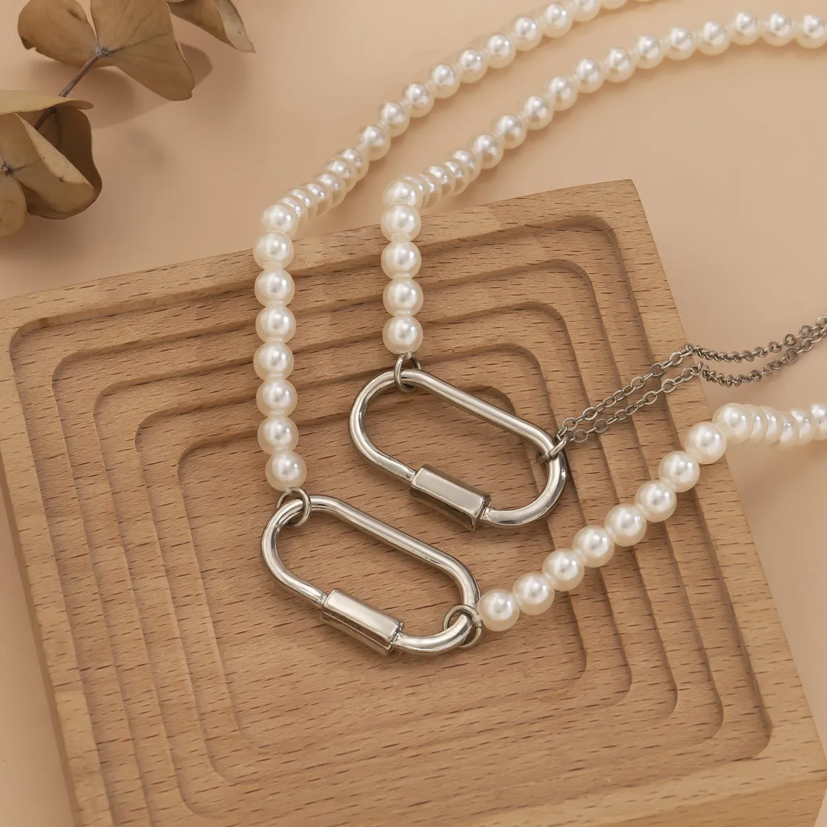 Pearl & Silver-Plated Oval Pendant Necklace Set