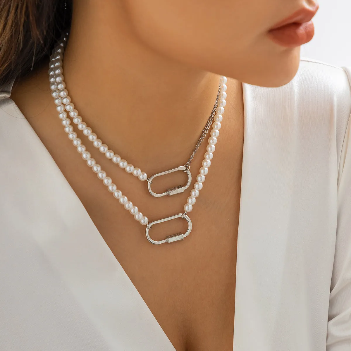 Pearl & Silver-Plated Oval Pendant Necklace Set