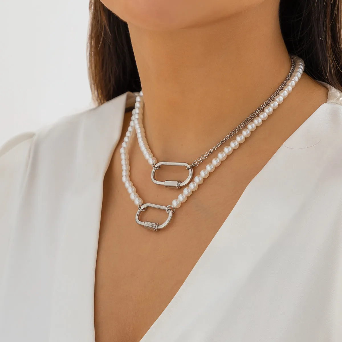 Pearl & Silver-Plated Oval Pendant Necklace Set