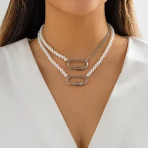 Pearl & Silver-Plated Oval Pendant Necklace Set