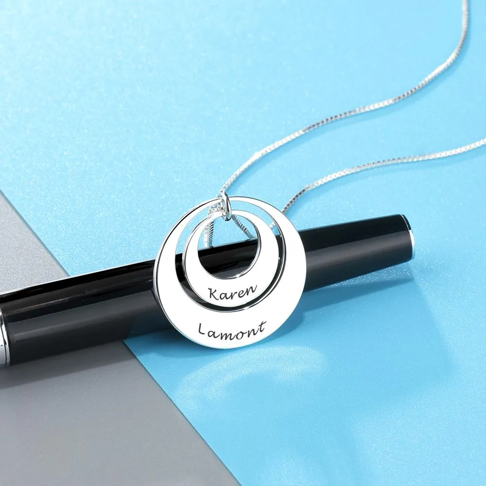 Personalized 925 Sterling Silver Necklace with 2 Round Engrave Name Pendant for Women