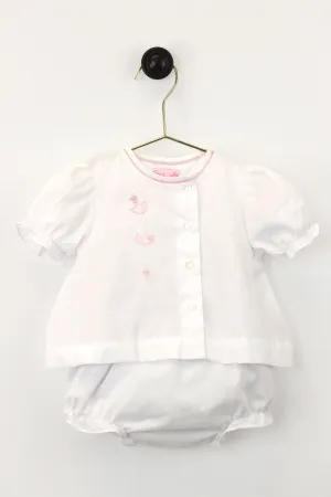 Petit Ami Baby Girls Vintage Shadow Stitched White Diaper Set in Newborn