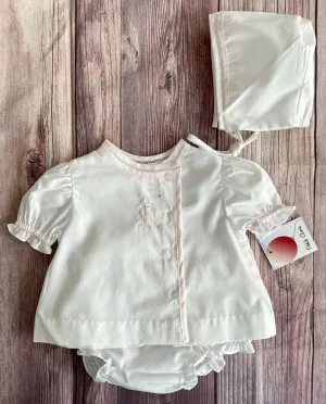 Petit Ami Girls Baby Lamb Vintage Shadow Stitched White Diaper Set in Newborn