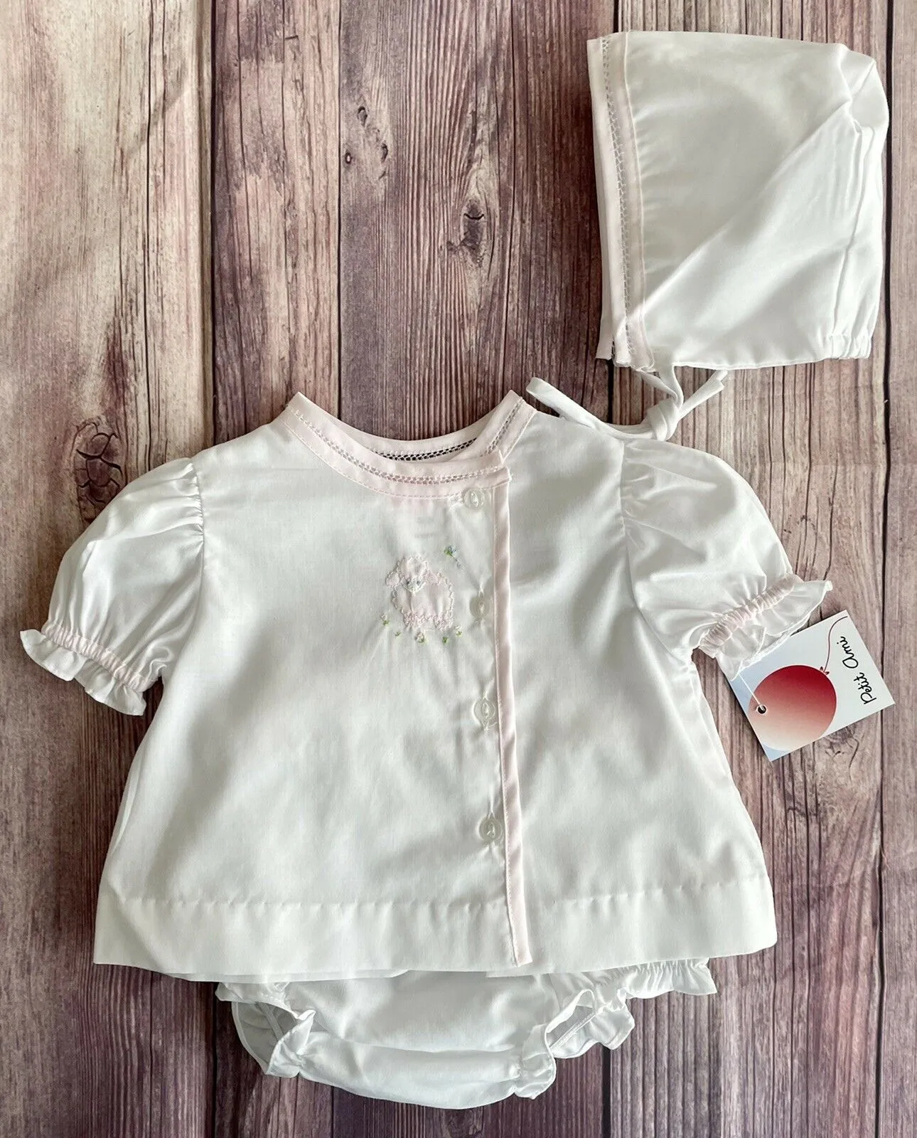 Petit Ami Girls Baby Lamb Vintage Shadow Stitched White Diaper Set in Newborn
