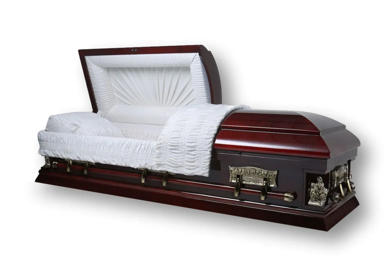 Pieta Solid Poplar Casket - Cherry Finish, Ivory Velvet Interior