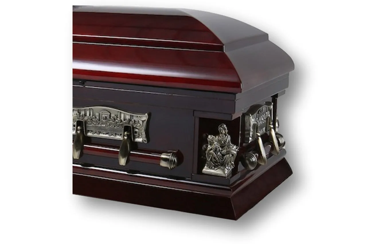 Pieta Solid Poplar Casket - Cherry Finish, Ivory Velvet Interior