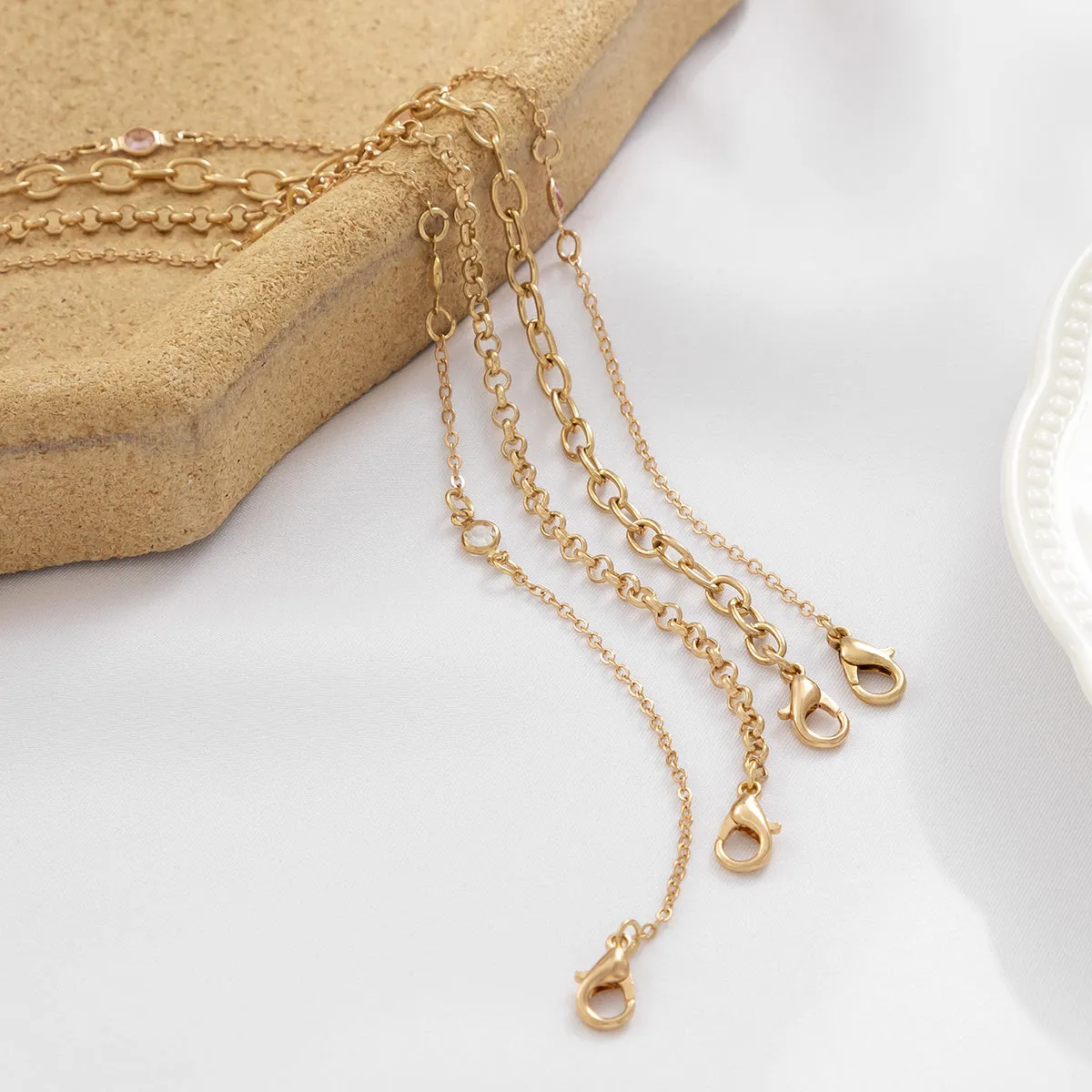 Pink Cubic Zirconia & 18K Gold-Plated Station Anklet Set