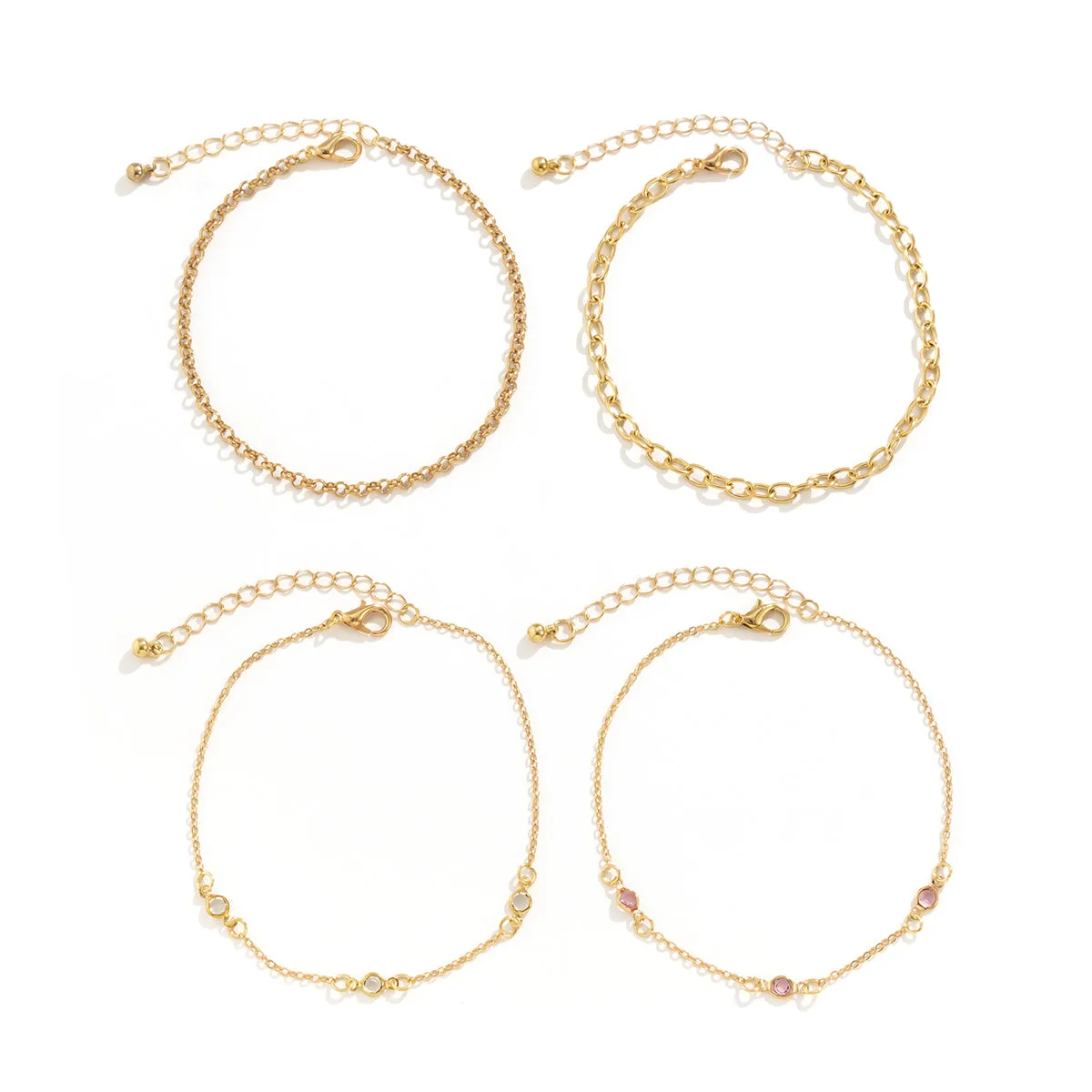Pink Cubic Zirconia & 18K Gold-Plated Station Anklet Set