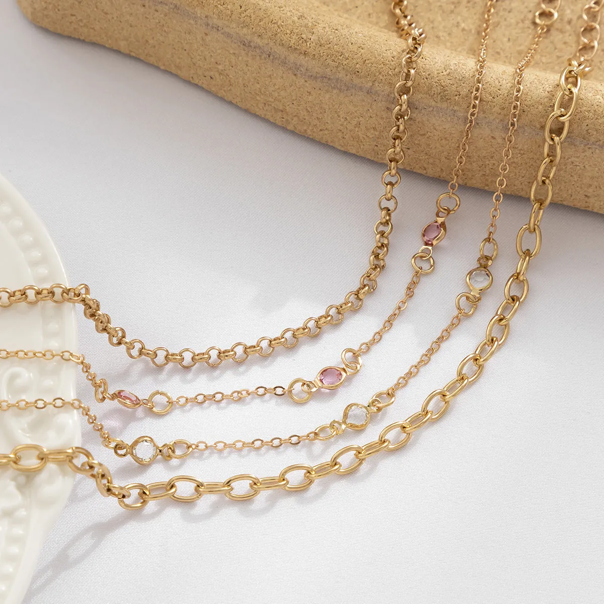 Pink Cubic Zirconia & 18K Gold-Plated Station Anklet Set