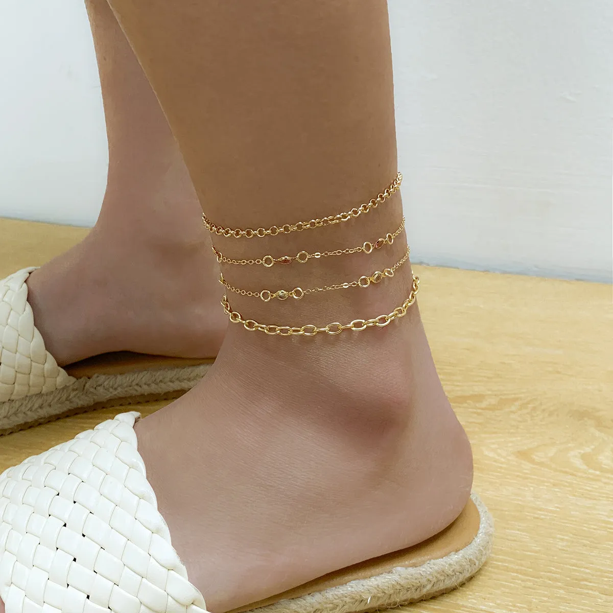 Pink Cubic Zirconia & 18K Gold-Plated Station Anklet Set