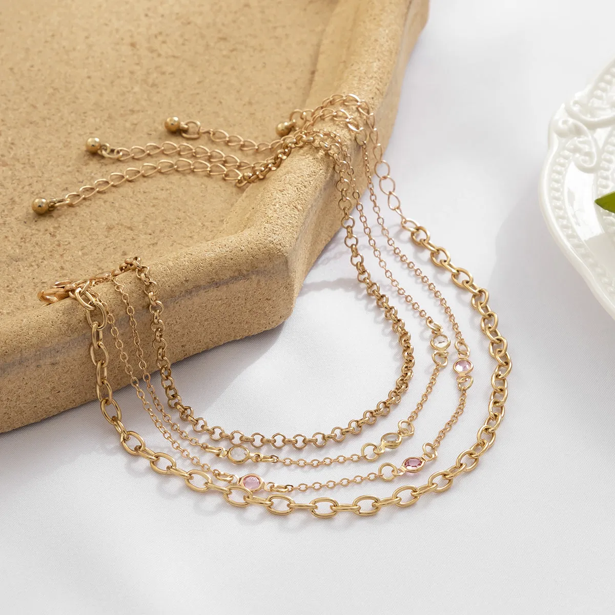 Pink Cubic Zirconia & 18K Gold-Plated Station Anklet Set