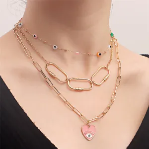 Pink Enamel & 18K Gold-Plated Heart Eye Pendant Necklace Set
