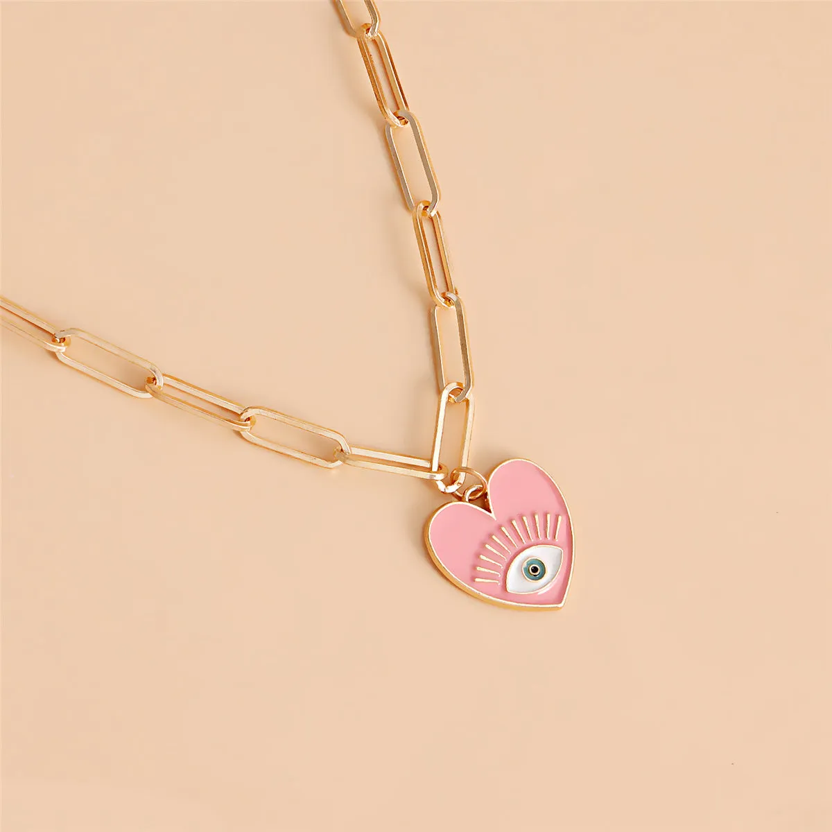 Pink Enamel & 18K Gold-Plated Heart Eye Pendant Necklace Set