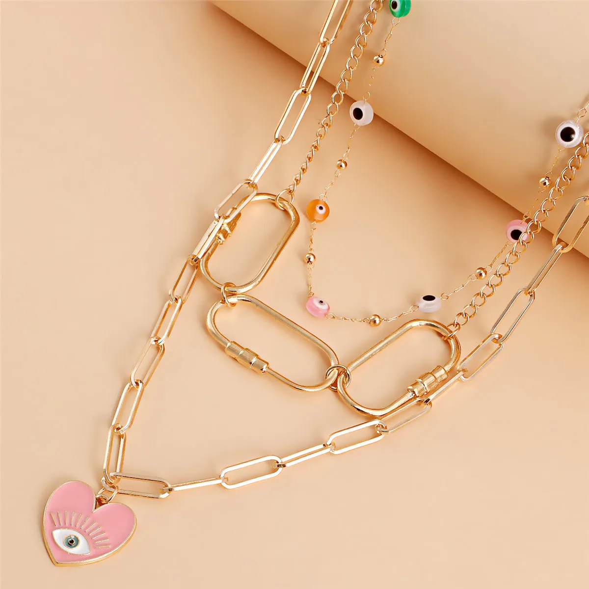 Pink Enamel & 18K Gold-Plated Heart Eye Pendant Necklace Set