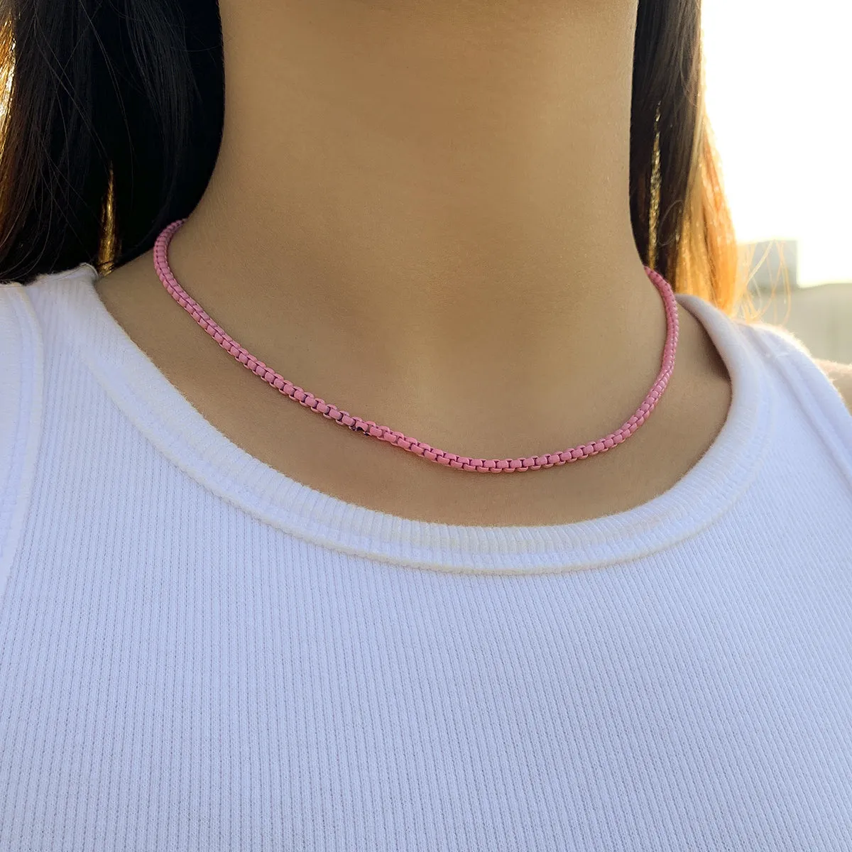 Pink Enamel & Silver-Plated Chain Necklace