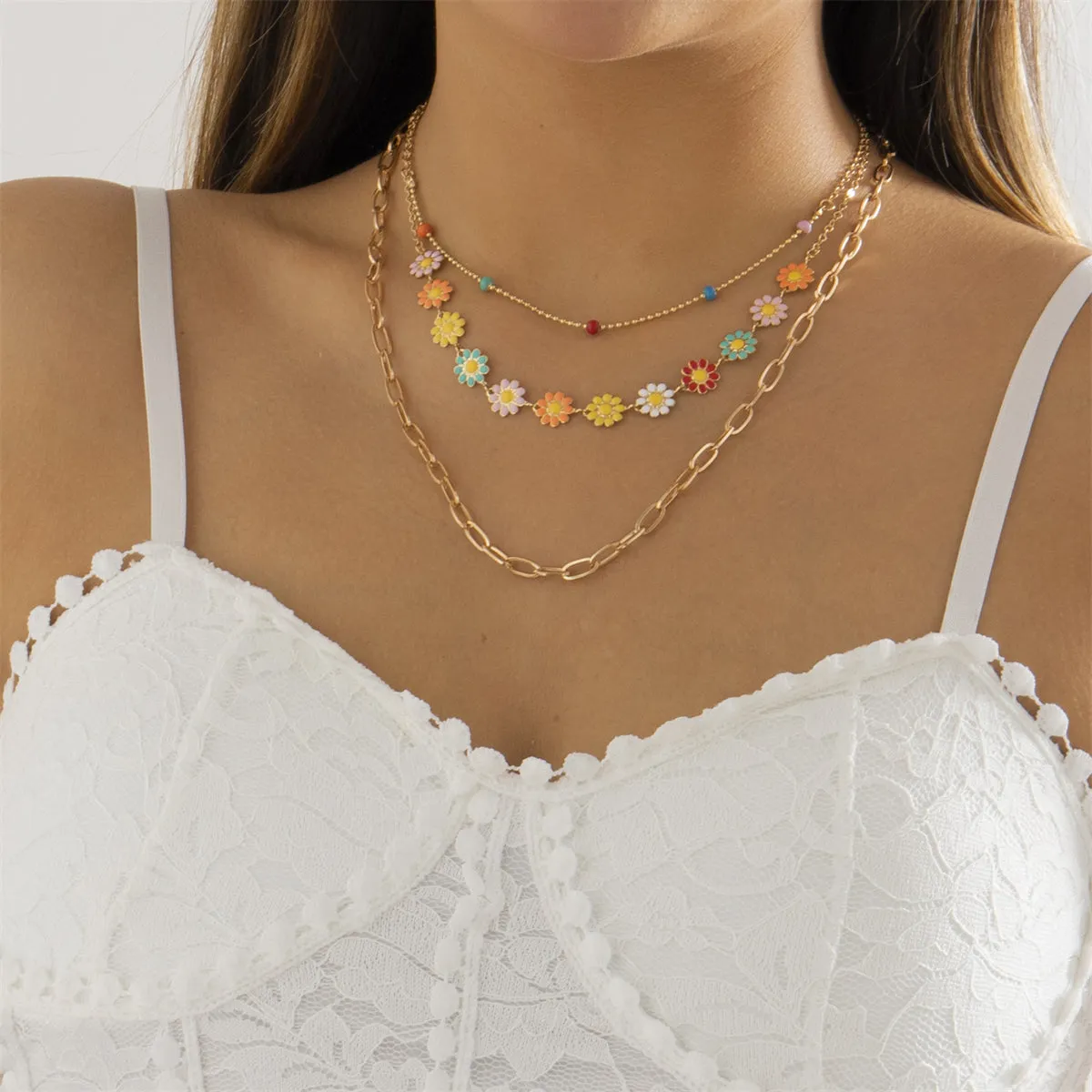 Pink Multicolor Enamel & 18K Gold-Plated Mum Necklace Set
